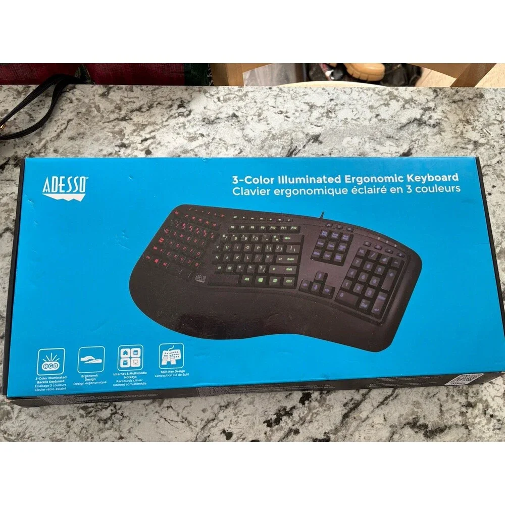 Adesso Tru-Form 150 3-Color Illuminated USB Ergonomic Keyboard AKB-150EB
